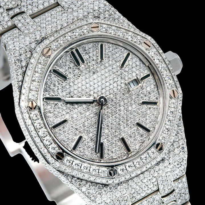AP Royal Oak Black Stick Markers Diamond Dial Fully Iced Out Moissanite Diamond Watch Close Up Dial View