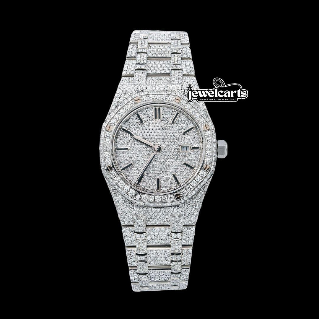 AP Royal Oak Black Stick Markers Diamond Dial Fully Iced Out Moissanite Diamond Watch Front View