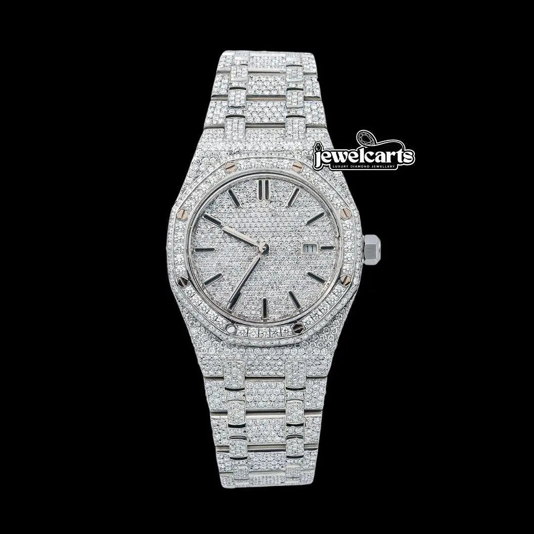 AP Royal Oak Black Stick Markers Diamond Dial Fully Iced Out Moissanite Diamond Watch Front View