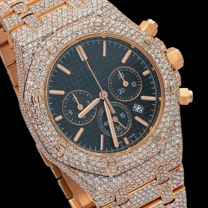 AP Royal Oak Chronograph Black Dial Stick Markers Fully Iced Out Rose Gold Moissanite Watch Close Up Dial View