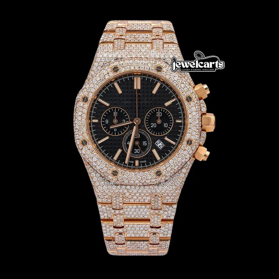 AP Royal Oak Chronograph Black Dial Stick Markers Fully Iced Out Rose Gold Moissanite Watch Front View