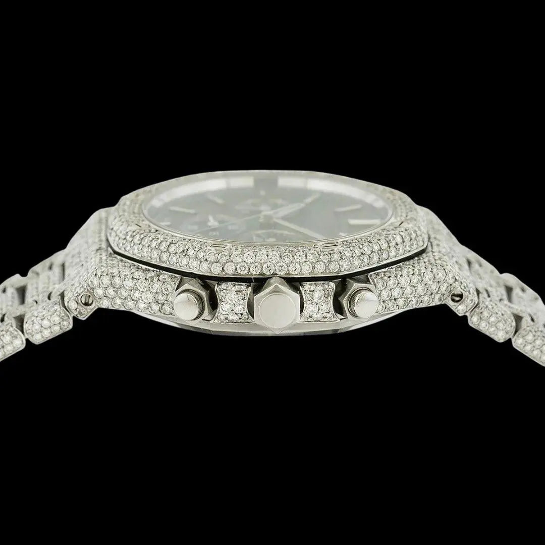 AP Royal Oak Chronograph Black Dial Stick Markets Fully Iced Out Moissanite Watch Crown View