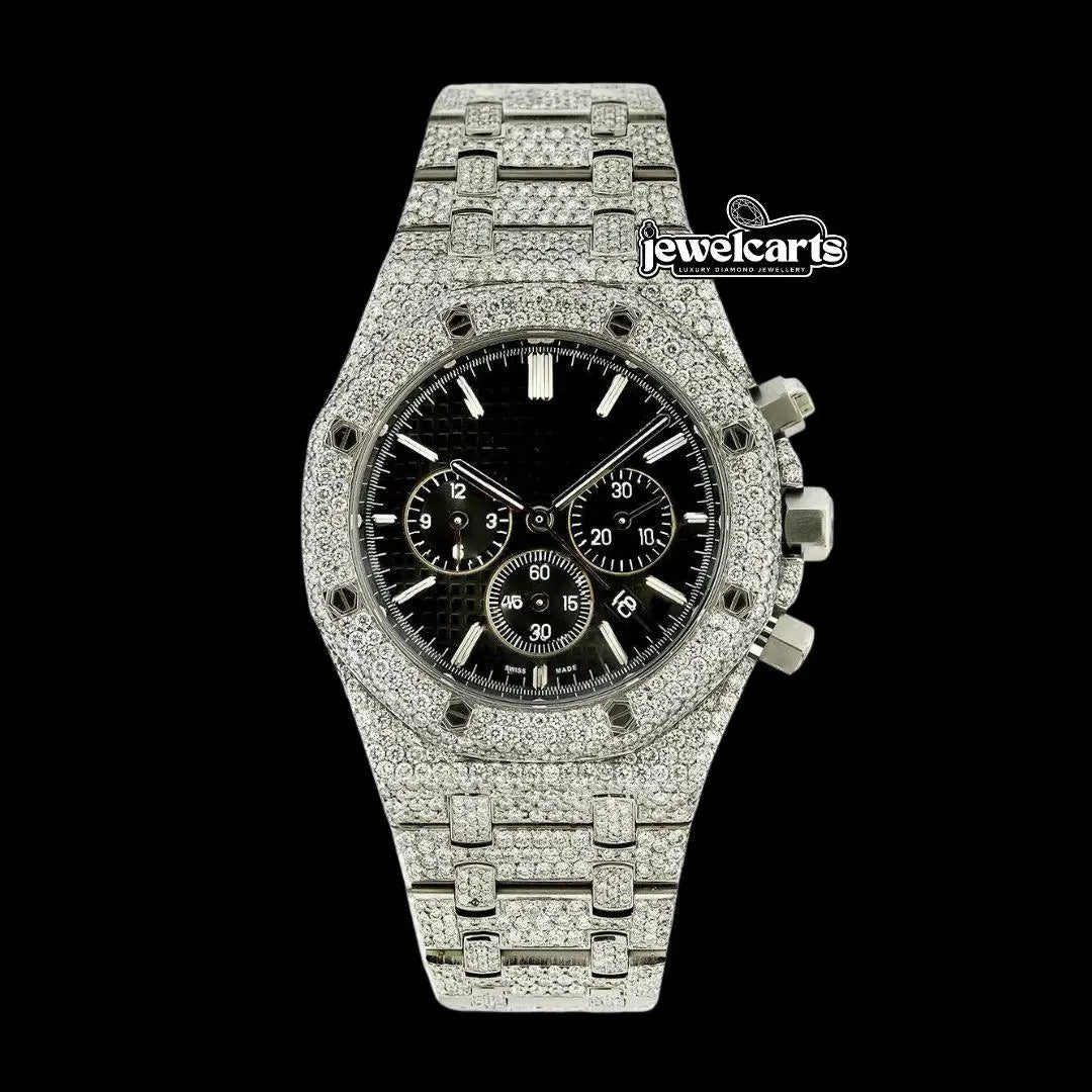 AP Royal Oak Chronograph Black Dial Stick Markets Fully Iced Out Moissanite Watch Front View