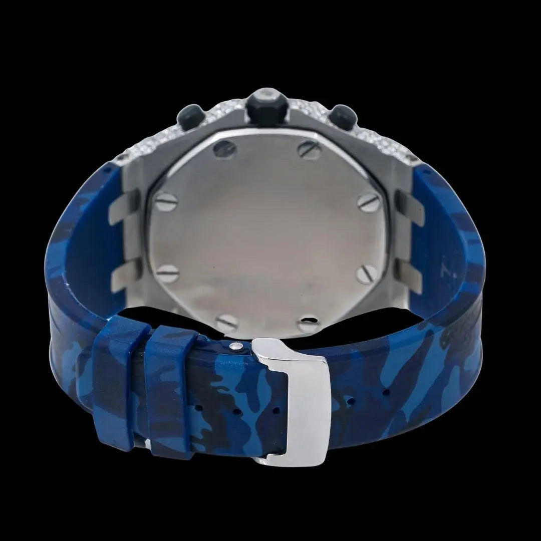 AP Royal Oak Chronograph Blue Dial White Standard Numerals Two Tone Rose Gold Semi Iced Out Rubber Strap Watch Caseback View