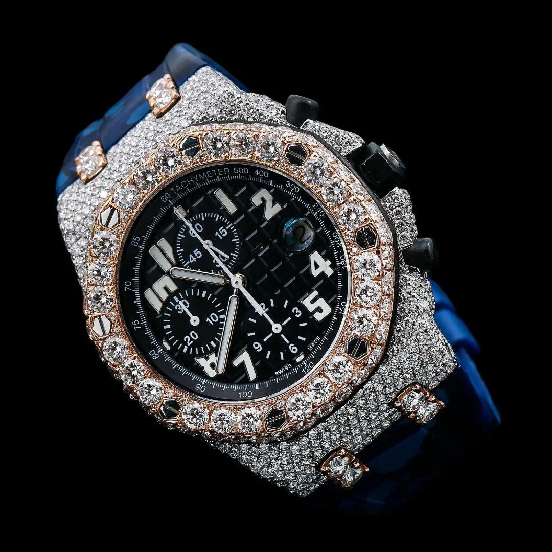 AP Royal Oak Chronograph Blue Dial White Standard Numerals Two Tone Rose Gold Semi Iced Out Rubber Strap Watch Close Up Front View