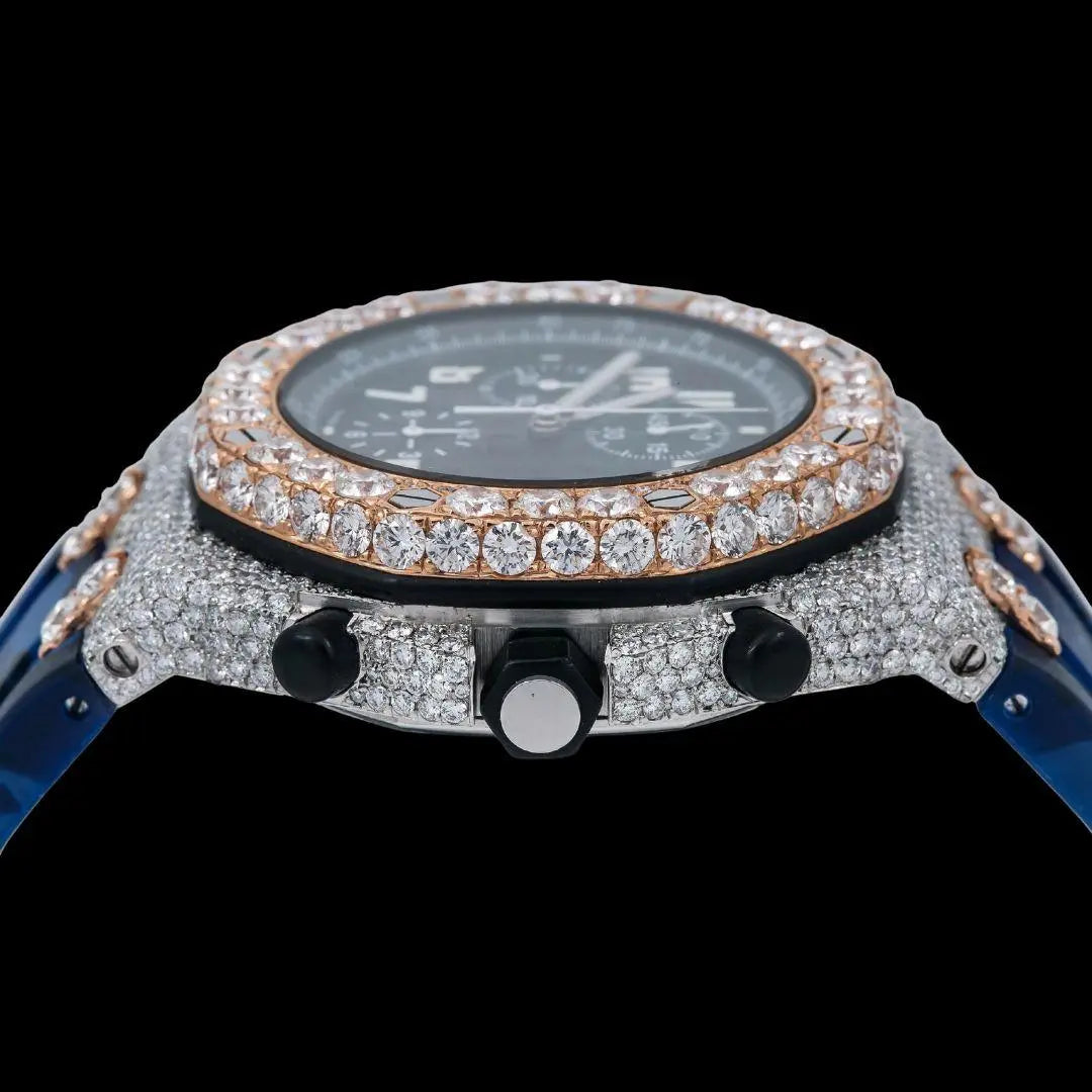 AP Royal Oak Chronograph Blue Dial White Standard Numerals Two Tone Rose Gold Semi Iced Out Rubber Strap Watch Crown View