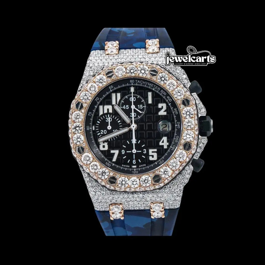 AP Royal Oak Chronograph Blue Dial White Standard Numerals Two Tone Rose Gold Semi Iced Out Rubber Strap Watch Front View