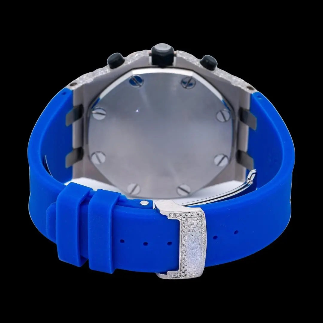 AP Royal Oak Chronograph Dial Black Standard Numerals Blue Rubber Strap Semi Iced Out Two Tone Watch Caseback View