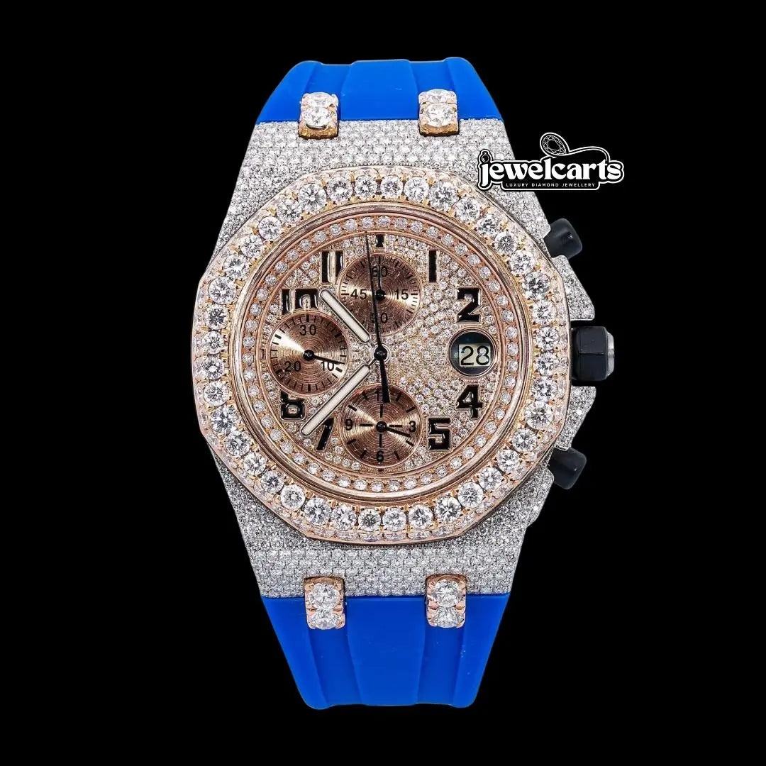 AP Royal Oak Chronograph Dial Black Standard Numerals Blue Rubber Strap Semi Iced Out Two Tone Watch Front View