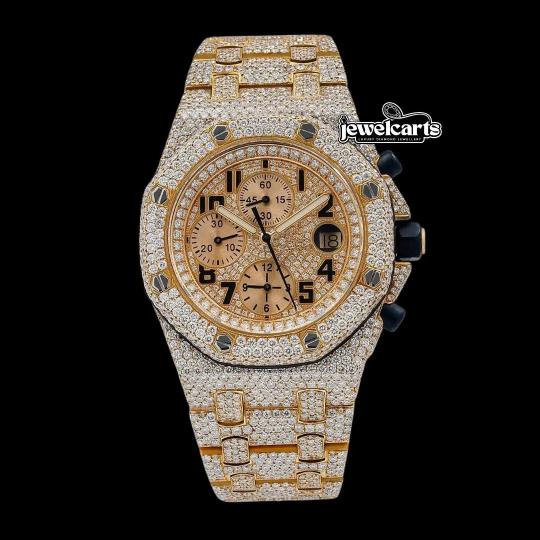 AP Royal Oak Chronograph Dial Black Standard Numerals Fully Iced Out Moissanite Watch Front View
