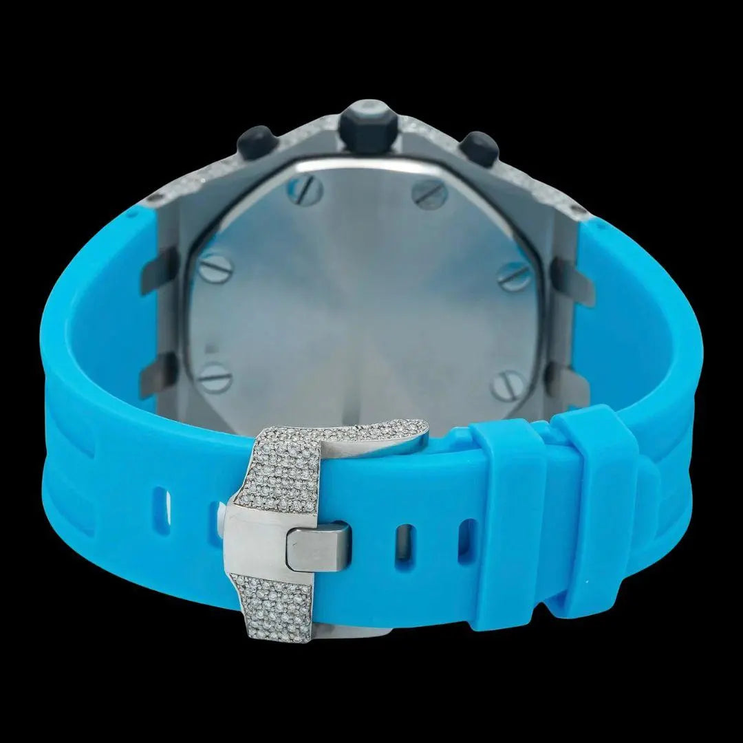 AP Royal Oak Chronograph Dial Red Standard Numerals Semi Iced Out Blue Rubber Strap Moissanite Watch Caseback View