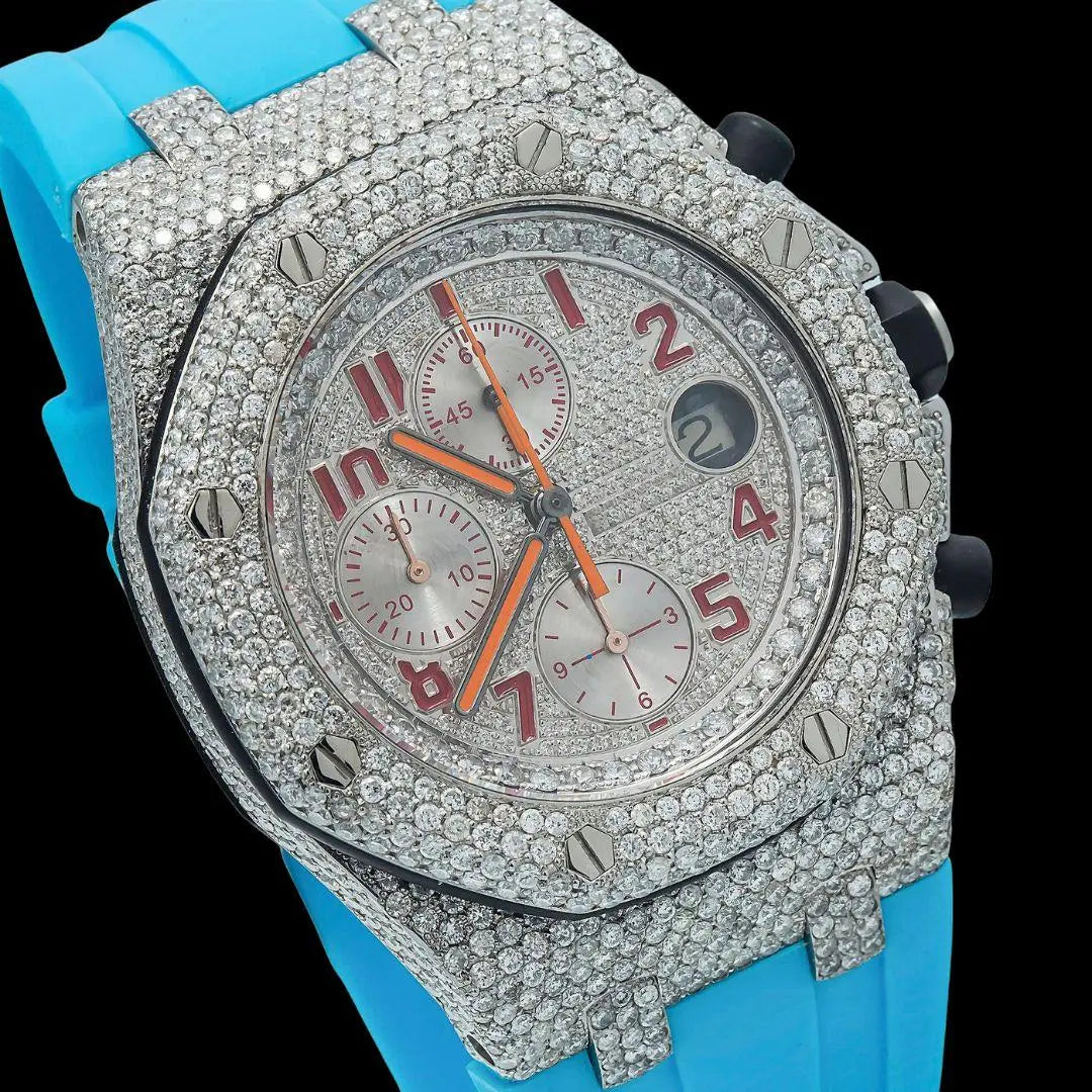 AP Royal Oak Chronograph Dial Red Standard Numerals Semi Iced Out Blue Rubber Strap Moissanite Watch Close Up Dial View