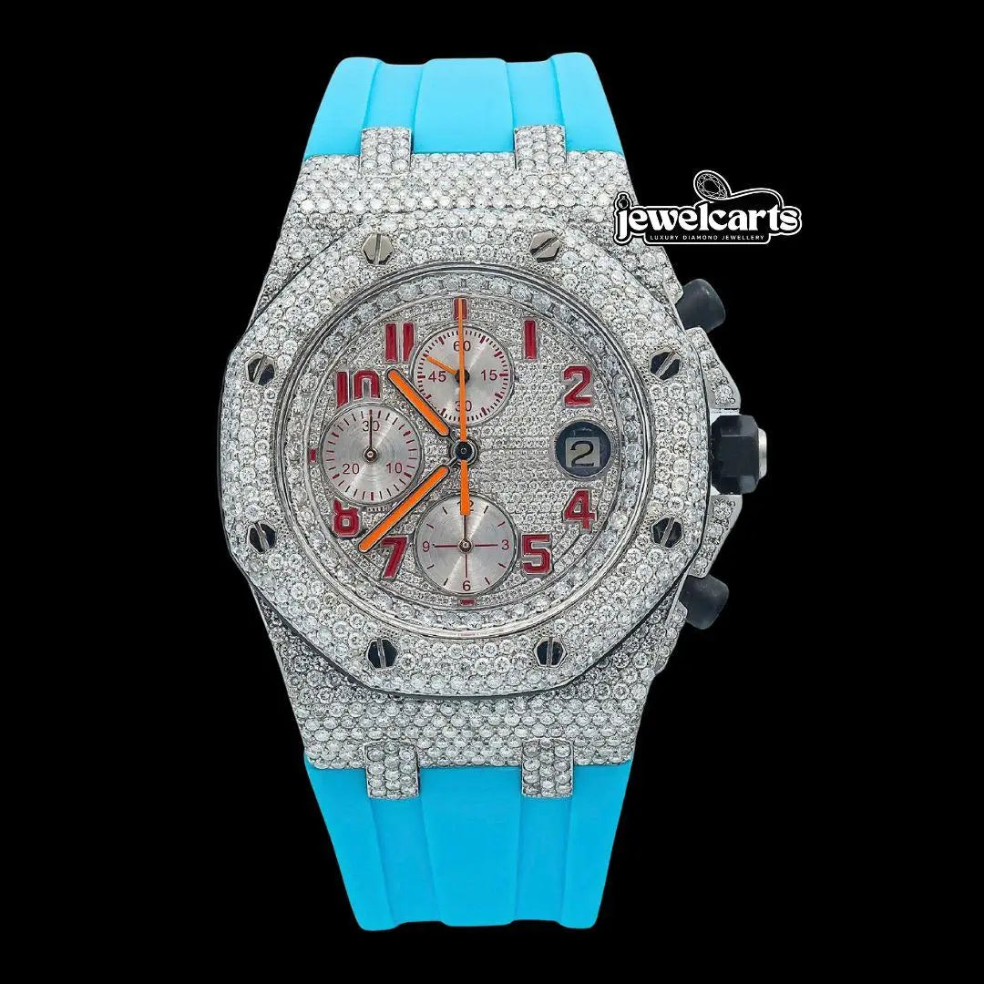 AP Royal Oak Chronograph Dial Red Standard Numerals Semi Iced Out Blue Rubber Strap Moissanite Watch Front View