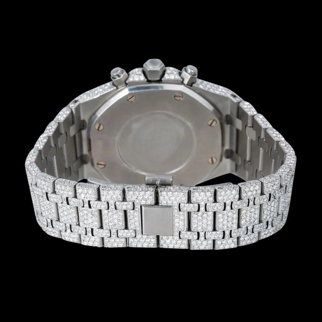 AP Royal Oak Chronograph Dial White Stick Markers Fully Iced Out White Gold Moissanite Watch Caseback View