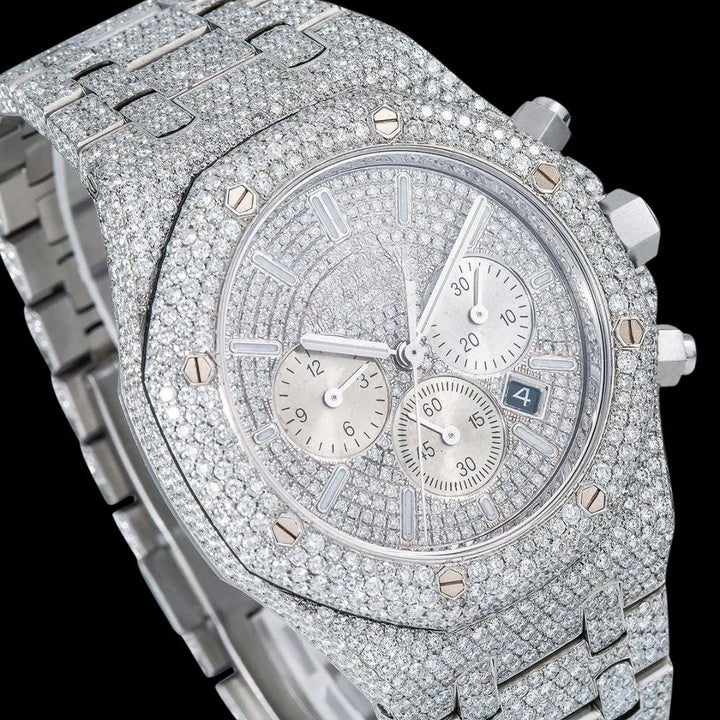 AP Royal Oak Chronograph Dial White Stick Markers Fully Iced Out White Gold Moissanite Watch Close Up Dial View