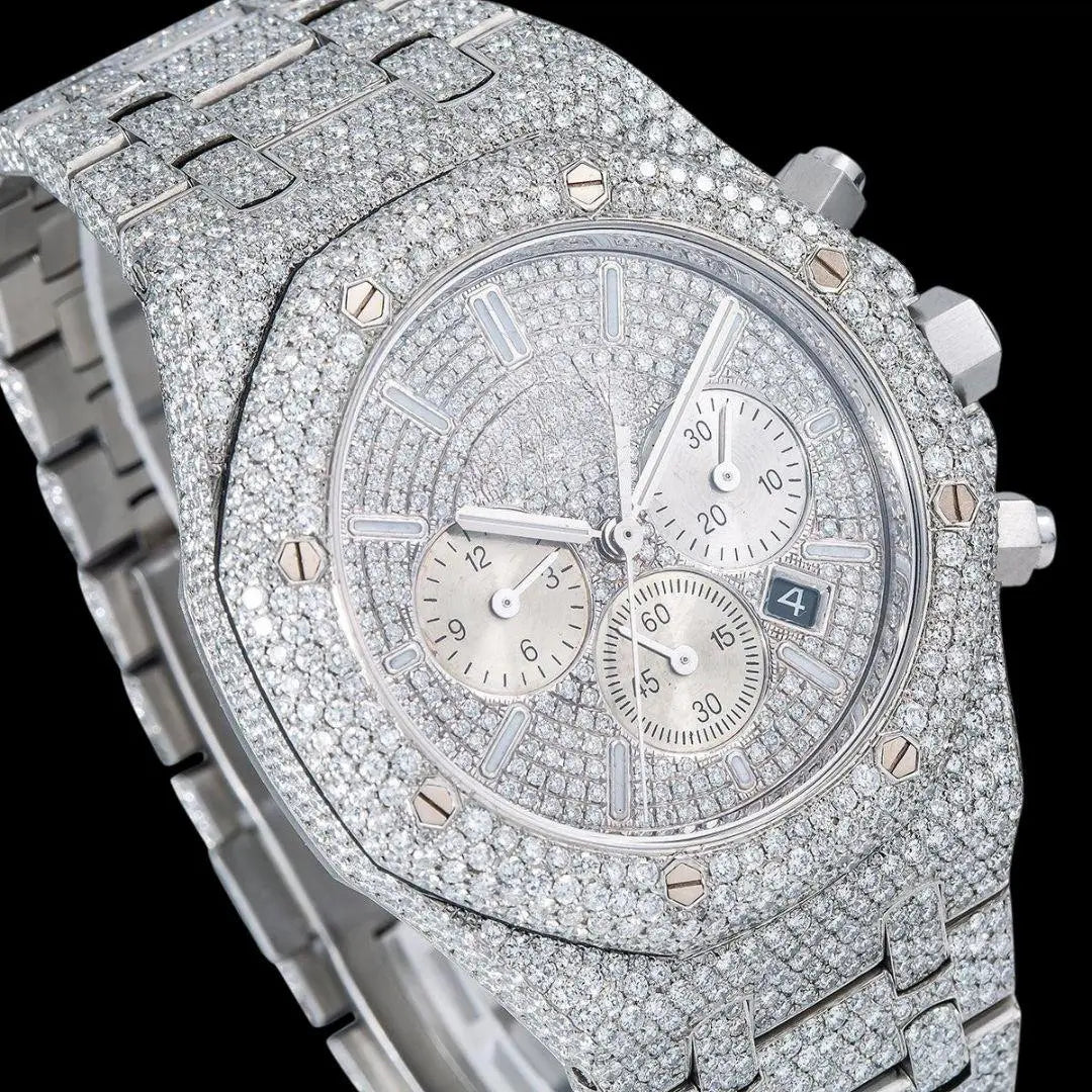 AP Royal Oak Chronograph Dial White Stick Markers Fully Iced Out White Gold Moissanite Watch Close Up Dial View