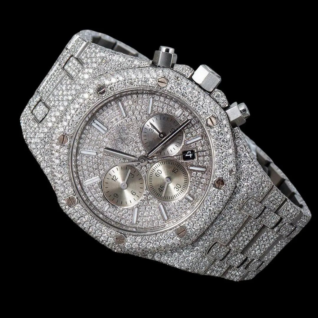 AP Royal Oak Chronograph Dial White Stick Markers Fully Iced Out White Gold Moissanite Watch Close Up Front View