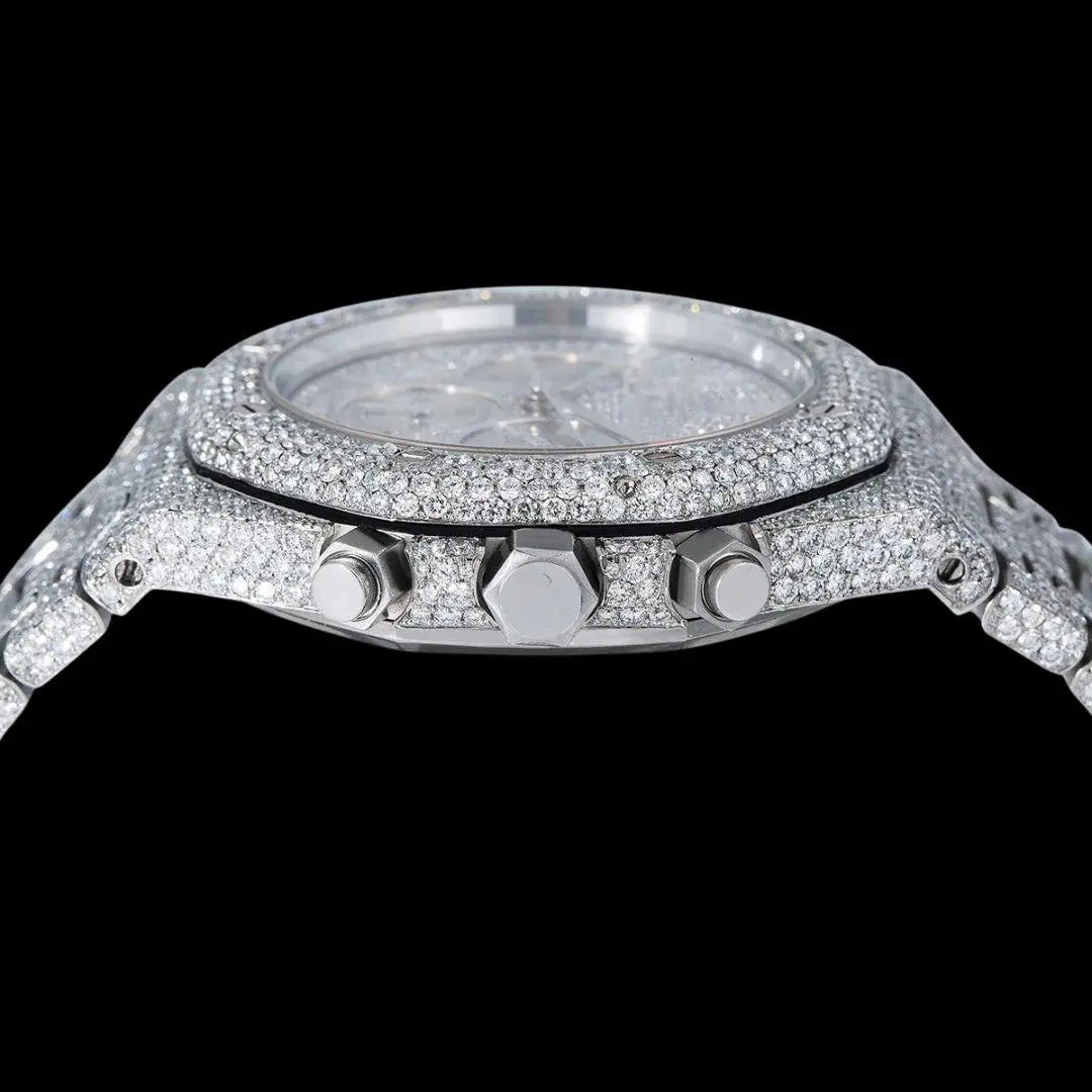 AP Royal Oak Chronograph Dial White Stick Markers Fully Iced Out White Gold Moissanite Watch Crown View
