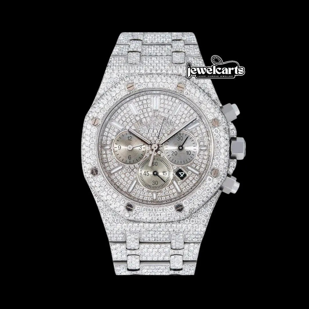 AP Royal Oak Chronograph Dial White Stick Markers Fully Iced Out White Gold Moissanite Watch Front View
