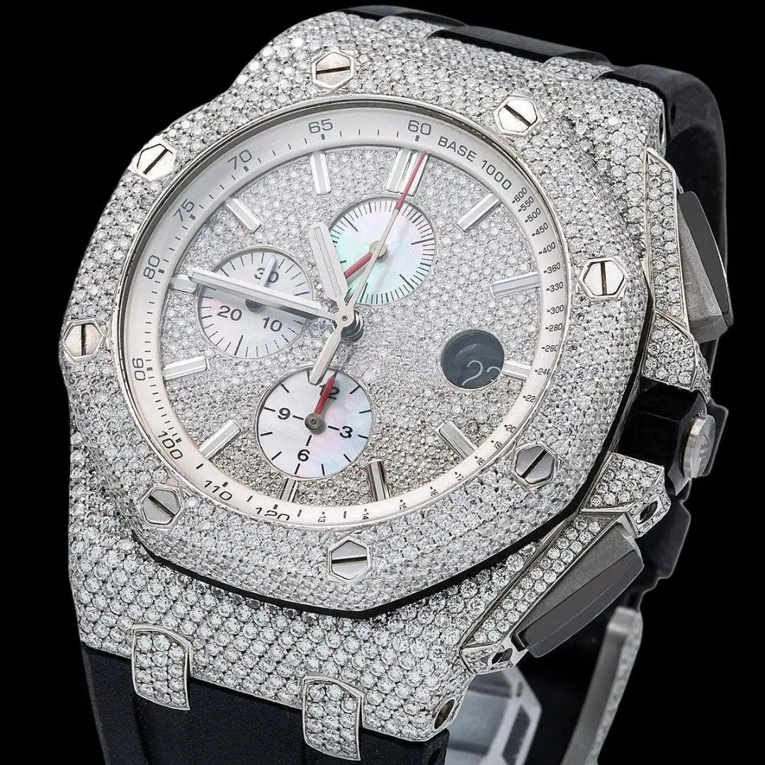 AP Royal Oak Chronograph Diamond Dial Semi Iced Out Black Rubber Strap Moissanite Watch Close Up Dial View