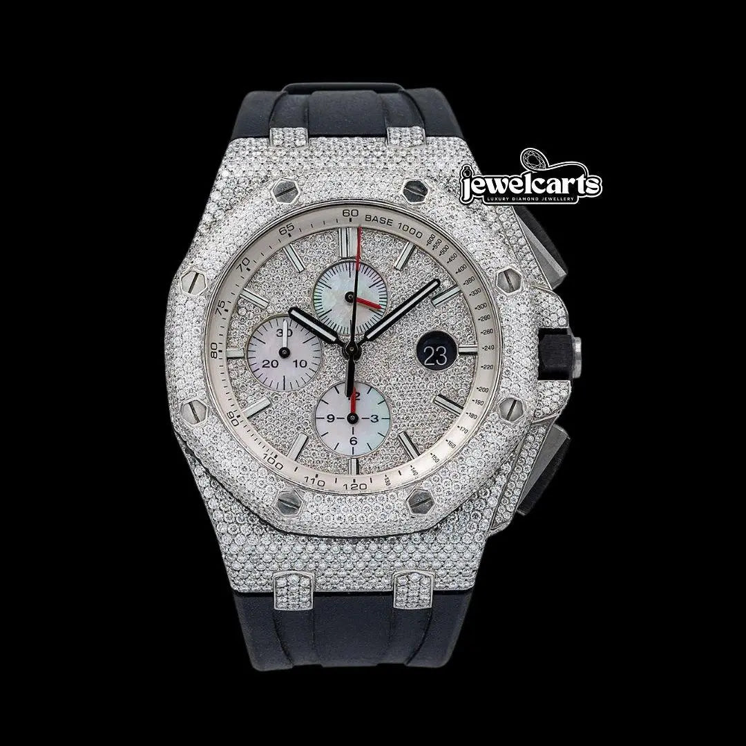 AP Royal Oak Chronograph Diamond Dial Semi Iced Out Black Rubber Strap Moissanite Watch Front View