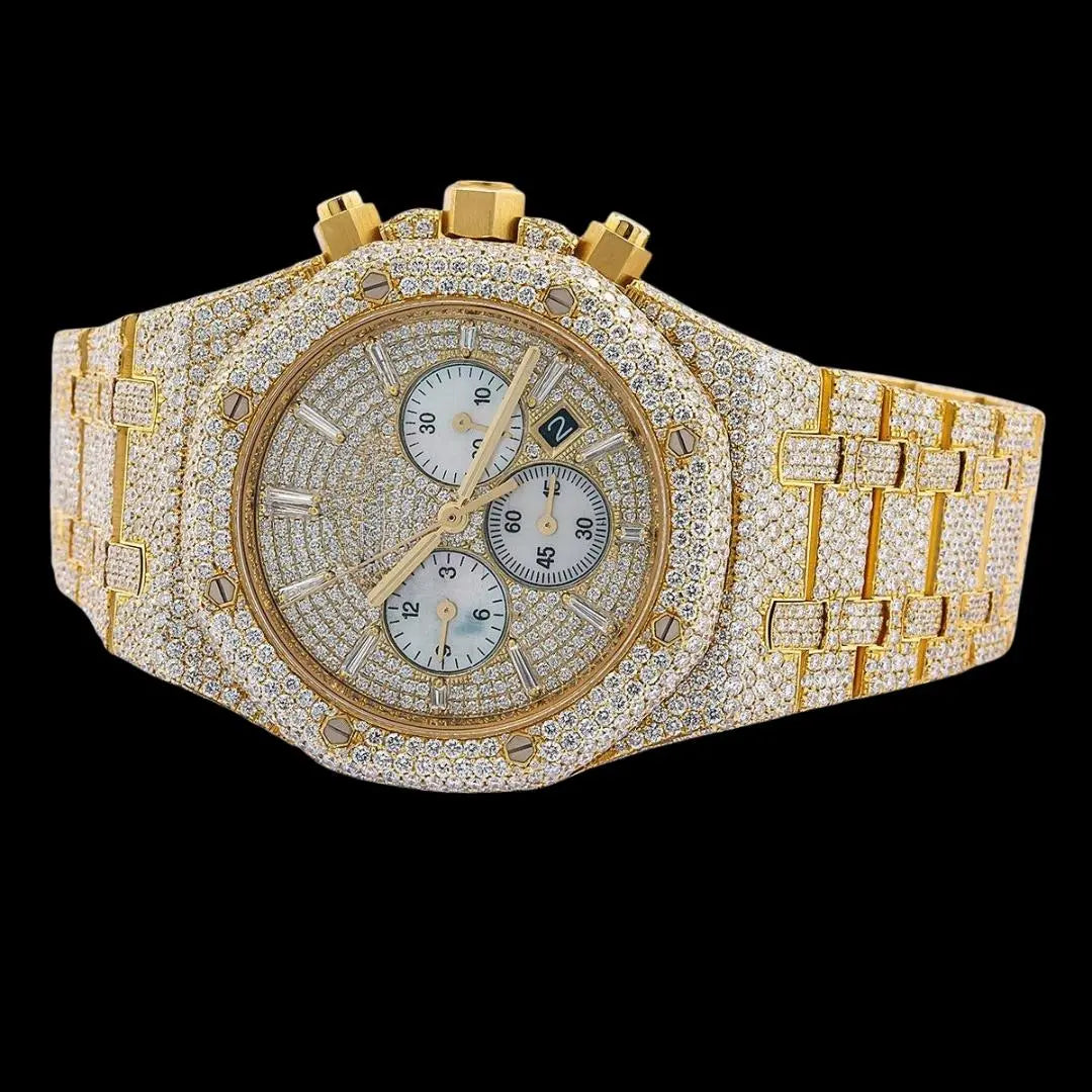 AP Royal Oak Chronograph Diamond Dial Stick Markers Fully Iced Out Yellow Gold Moissanite Watch Close Up Front View
