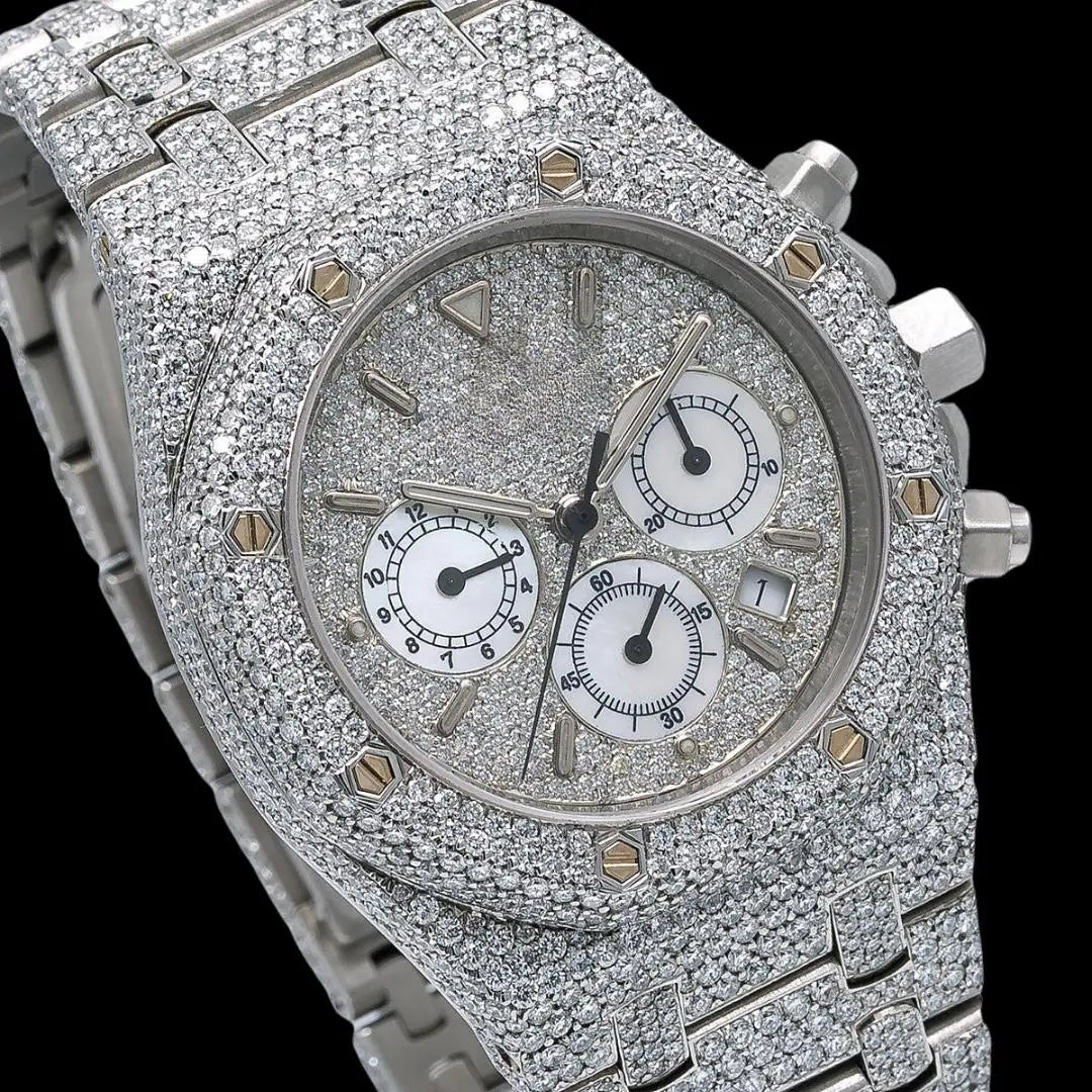 AP Royal Oak Diamond Chronograph Dial Stick Markers Fully Iced Out Moissanite Watch Close Up Dial View