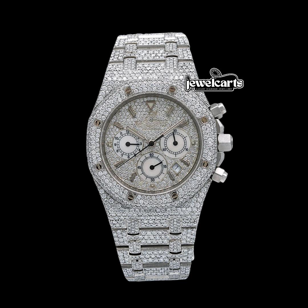 AP Royal Oak Diamond Chronograph Dial Stick Markers Fully Iced Out Moissanite Watch Front View