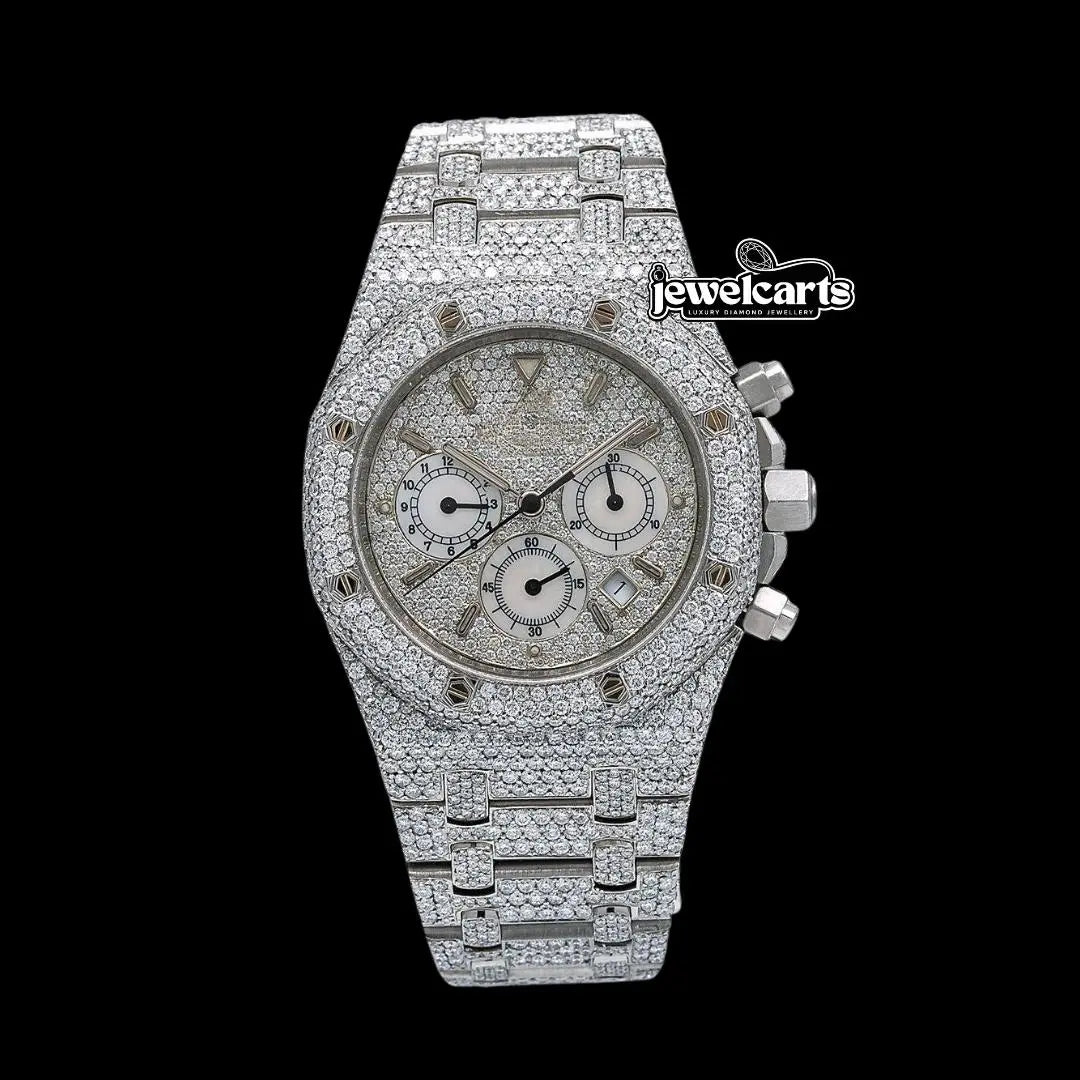 AP Royal Oak Diamond Chronograph Dial Stick Markers Fully Iced Out Moissanite Watch Front View