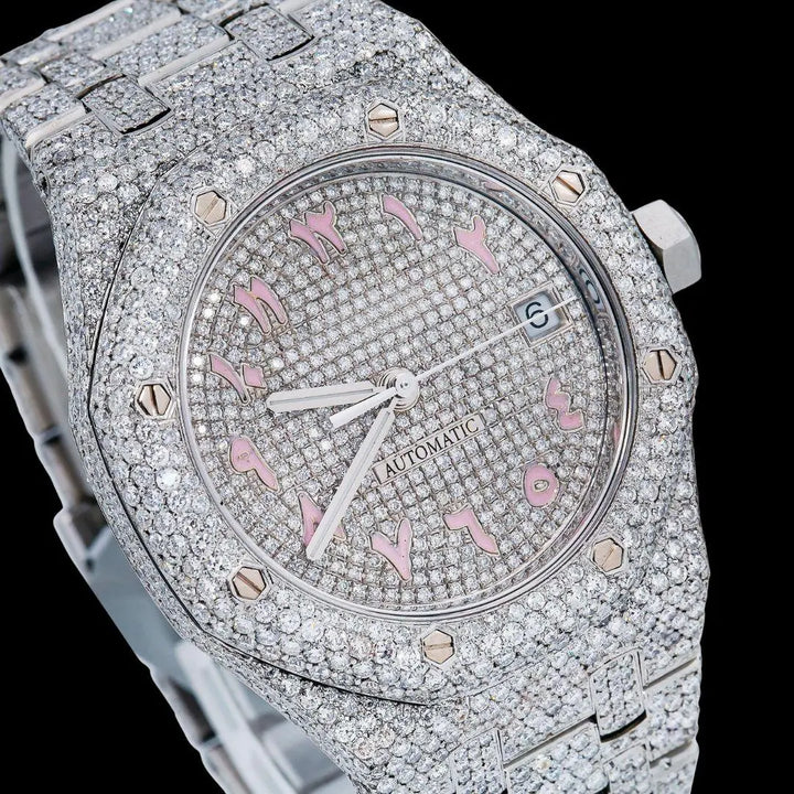 AP Royal Oak Diamond Dial Pink Arabic Numerals Fully Iced Our Moissanite Watch Close Up Dial View