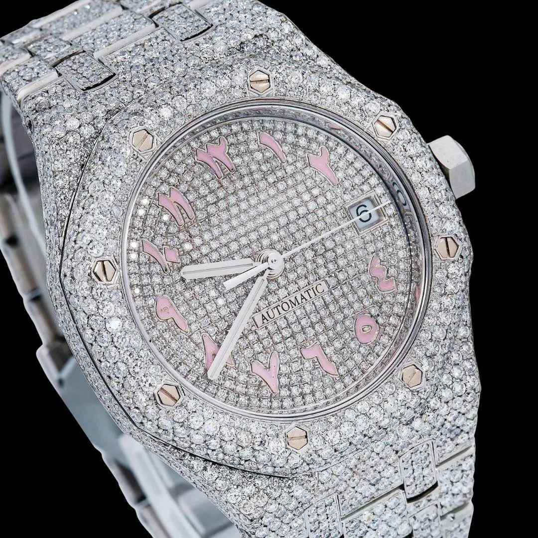 AP Royal Oak Diamond Dial Pink Arabic Numerals Fully Iced Our Moissanite Watch Close Up Dial View