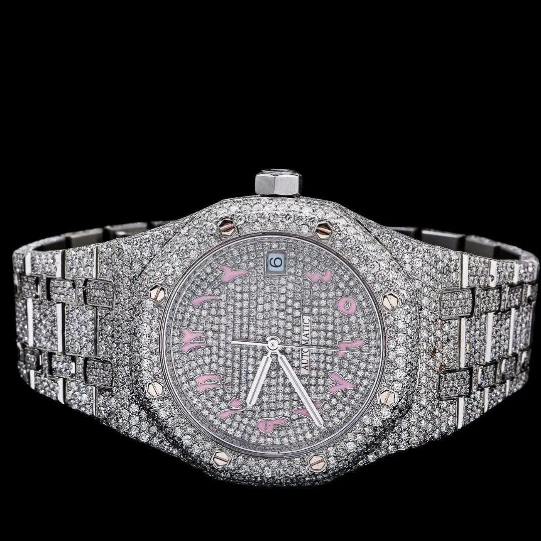 AP Royal Oak Diamond Dial Pink Arabic Numerals Fully Iced Our Moissanite Watch Close Up Front View