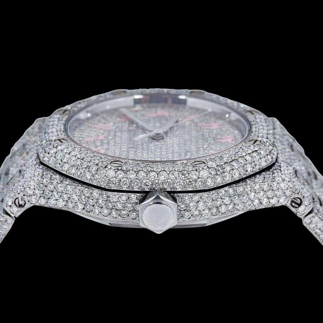 AP Royal Oak Diamond Dial Pink Arabic Numerals Fully Iced Our Moissanite Watch Crown View