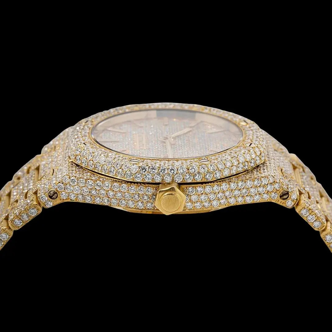 AP Royal Oak Diamond Dial Stick Markers Fully Iced Out Yellow Gold Moissanite Watch Crown View