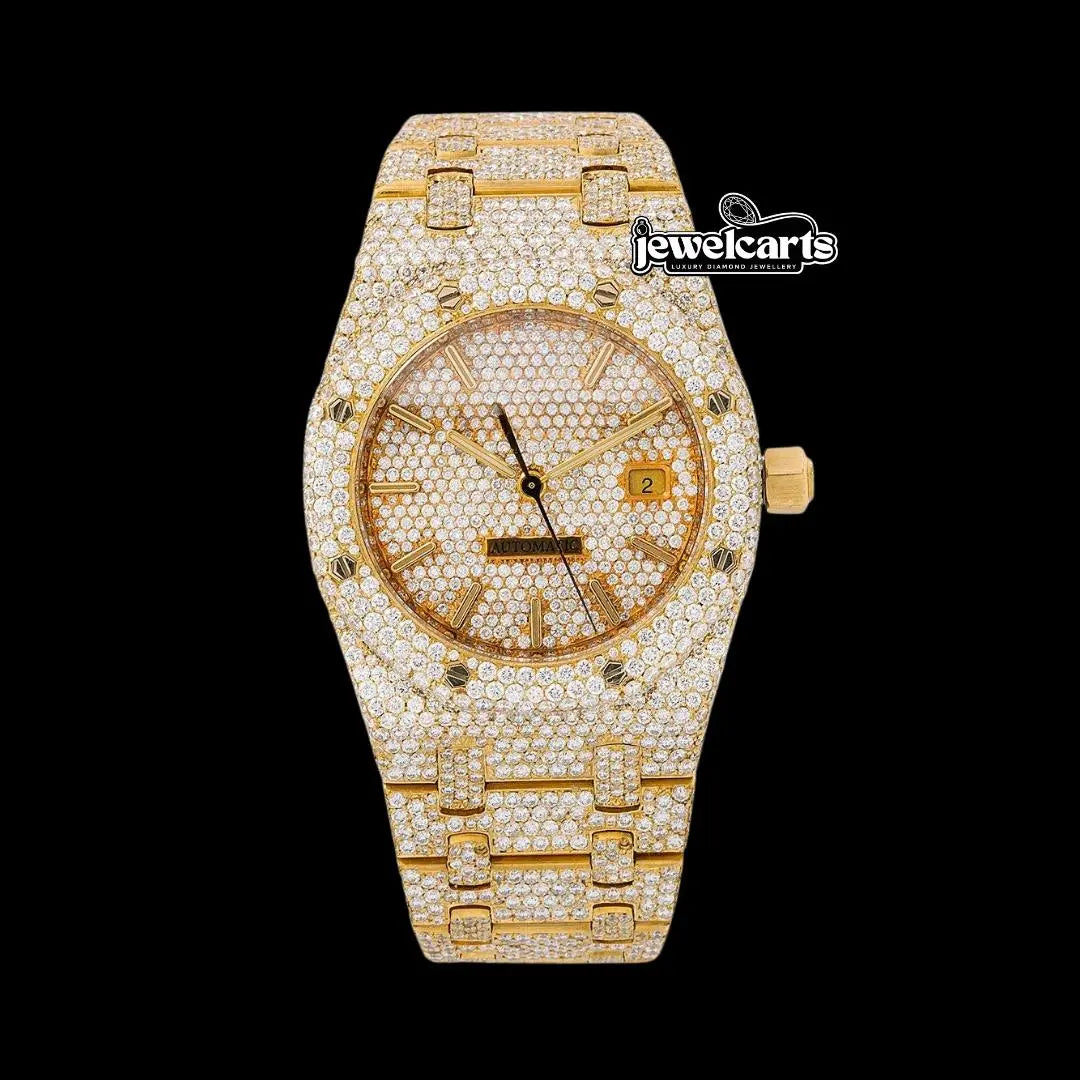 AP Royal Oak Diamond Dial Stick Markers Fully Iced Out Yellow Gold Moissanite Watch Front View