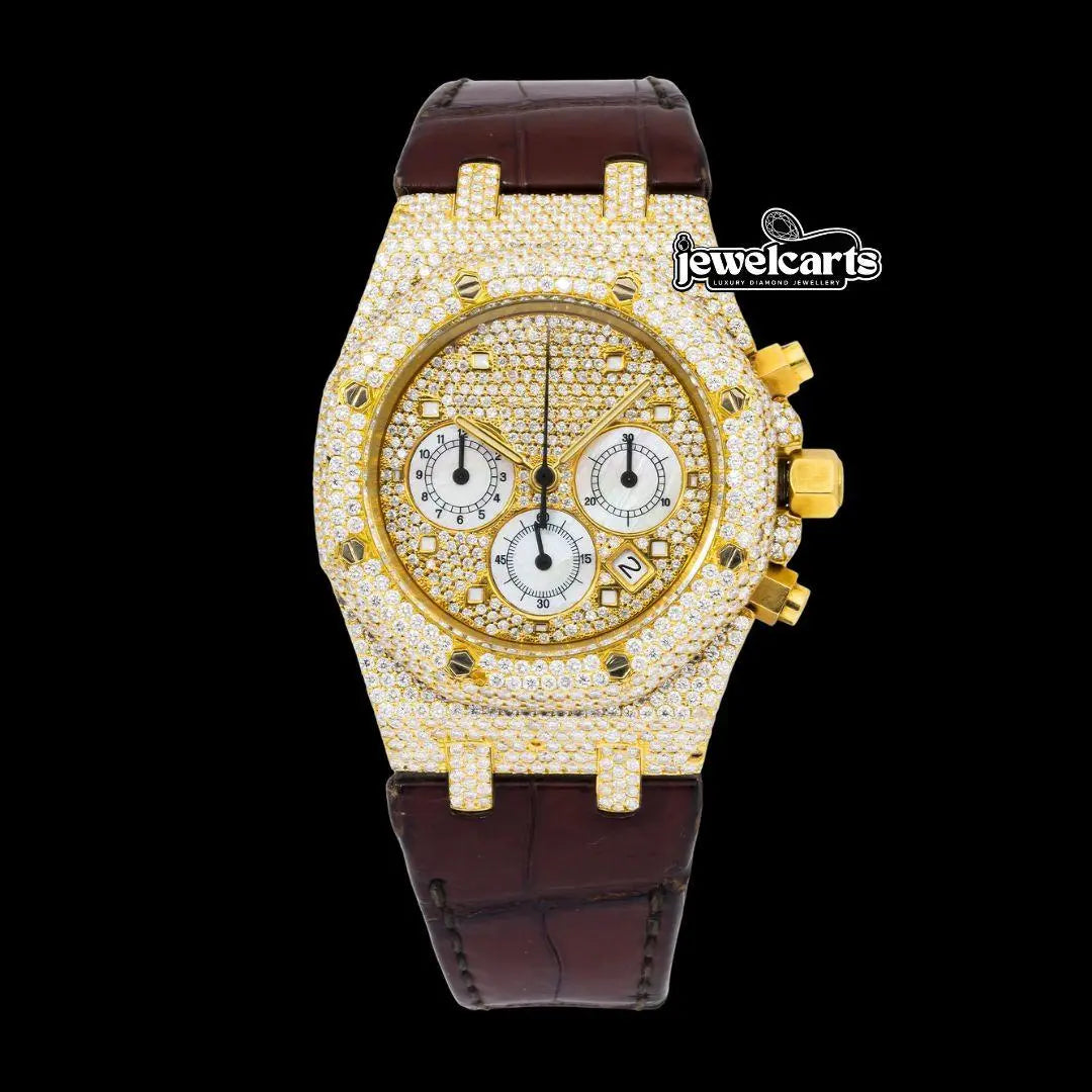 AP Royal Oak Diamond Markers Chronograph Dial Semi Iced Out Leather Strap Watch Front View