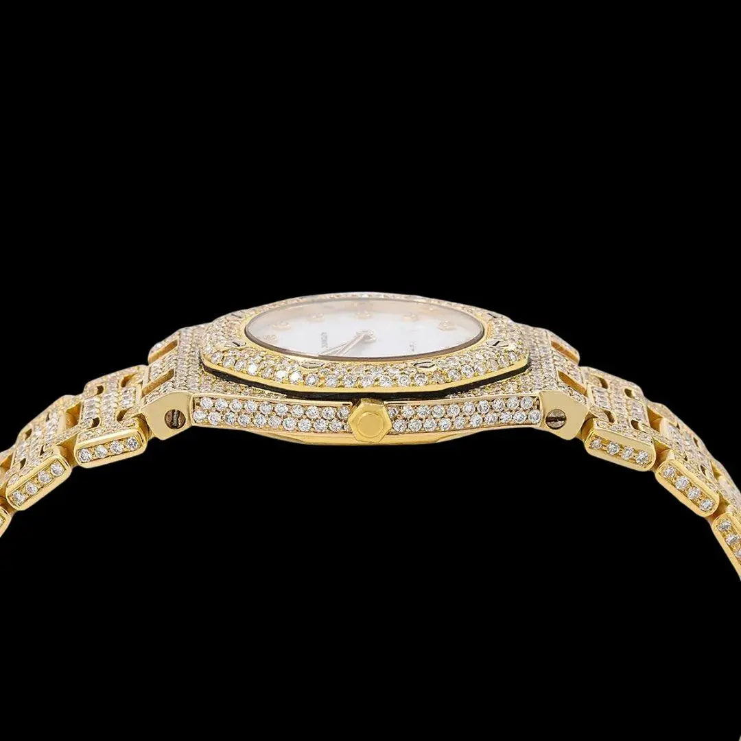AP Royal Oak Diamond Markers White Dial Fully Iced Out Yellow Gold Moissanite Watch Crown View