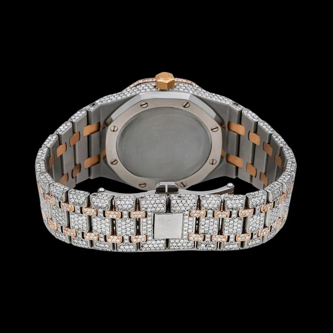 AP Royal Oak Moonphase White Dial Stick Markers Two Tone Rose Gold Moissanite Watch Caseback View