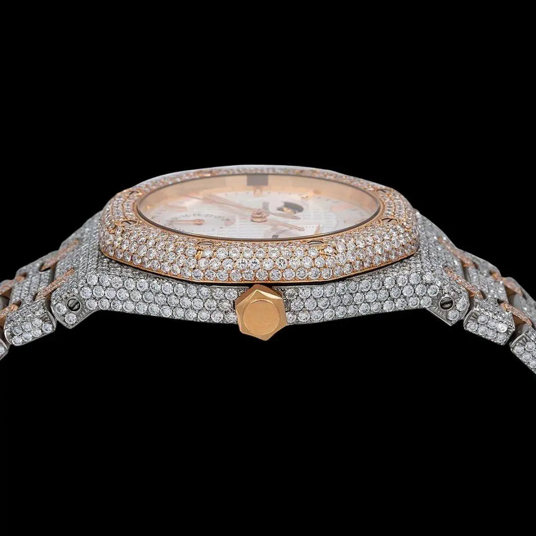 AP Royal Oak Moonphase White Dial Stick Markers Two Tone Rose Gold Moissanite Watch Crown View