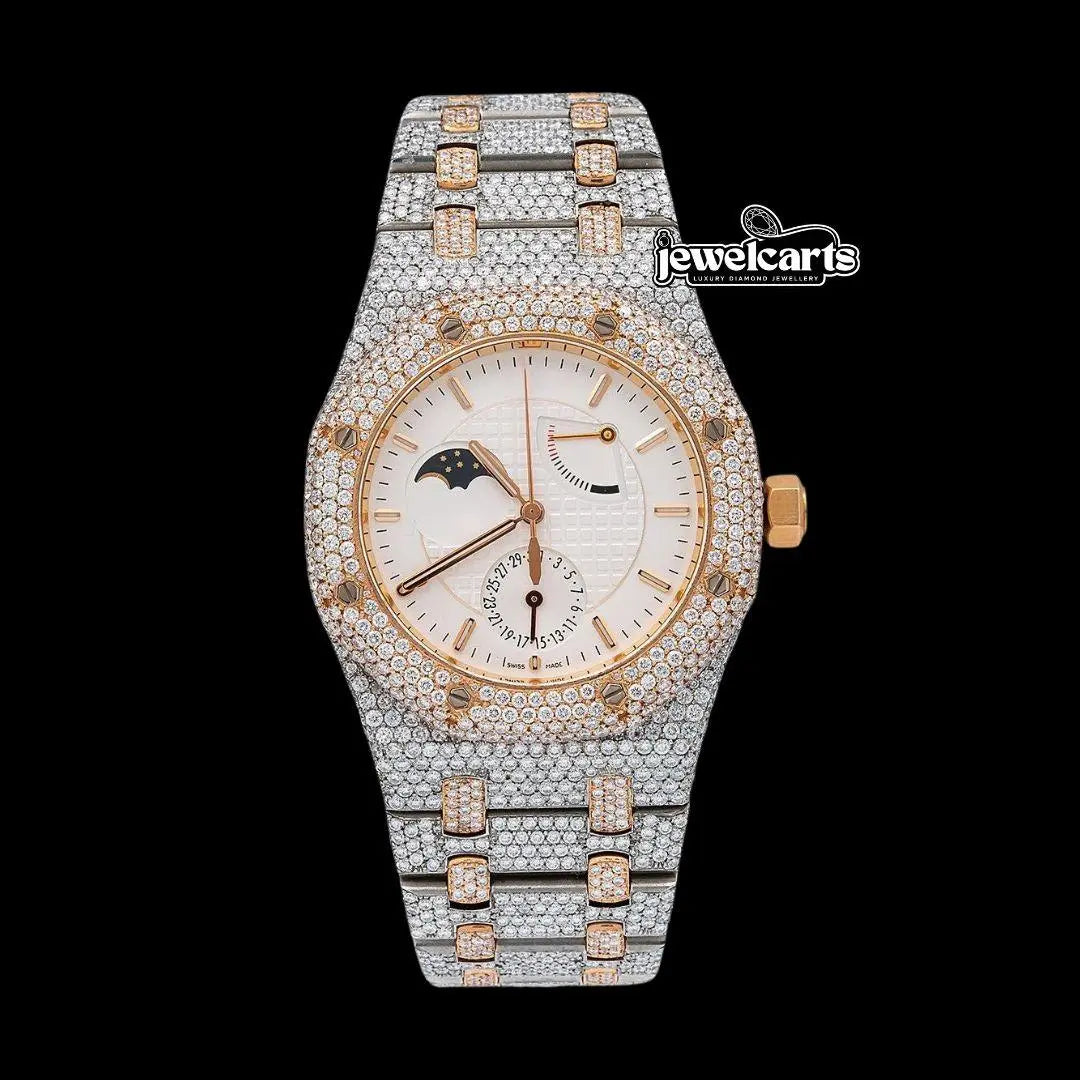 AP Royal Oak Moonphase White Dial Stick Markers Two Tone Rose Gold Moissanite Watch Front View
