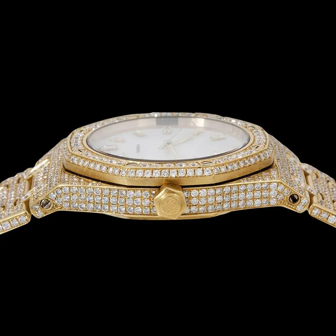 AP Royal Oak Mother of Pearl Dial Diamond Markers Fully Iced Out Rose Gold Moissanite Watch Crown View