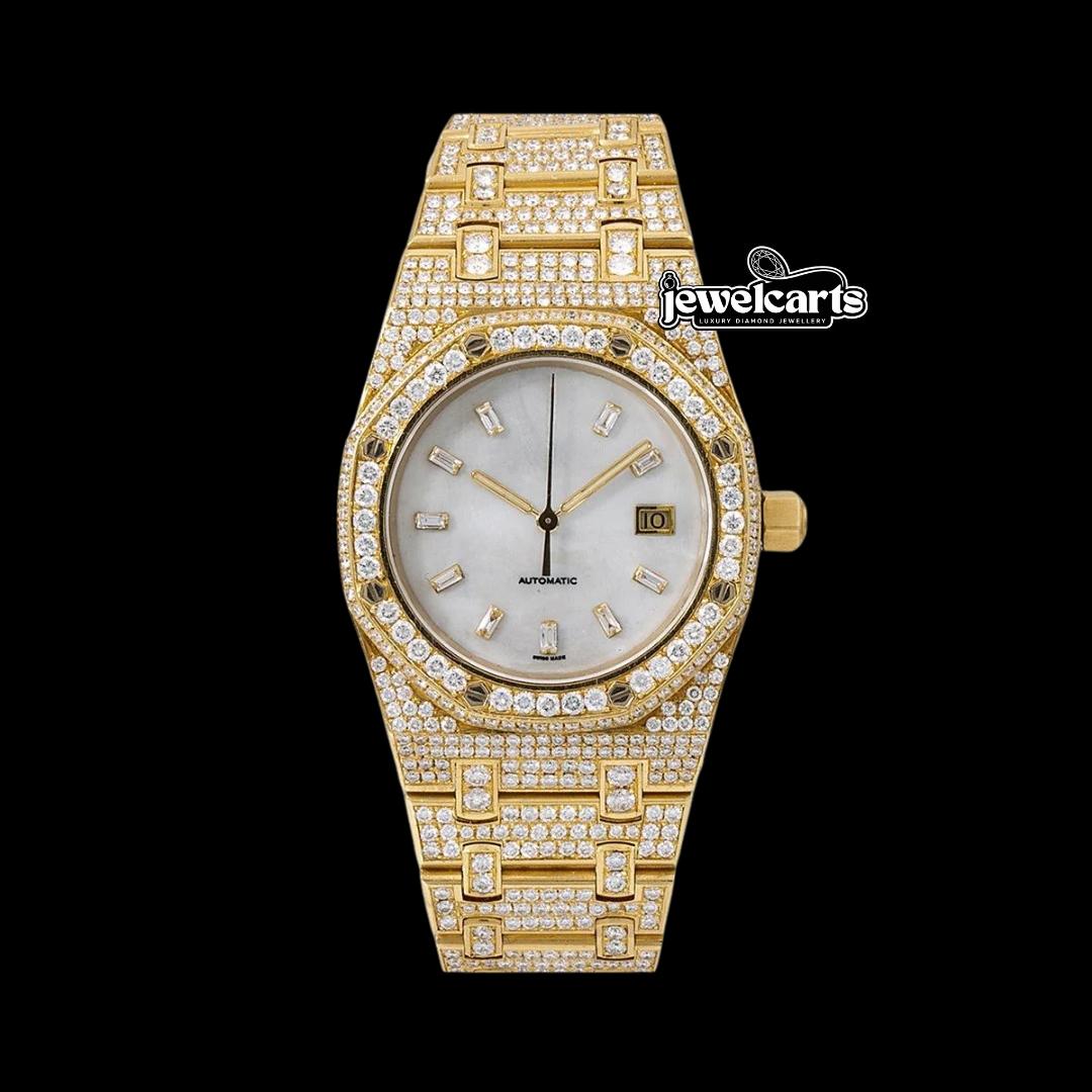 AP Royal Oak Mother of Pearl Dial Diamond Markers Fully Iced Out Rose Gold Moissanite Watch Front View