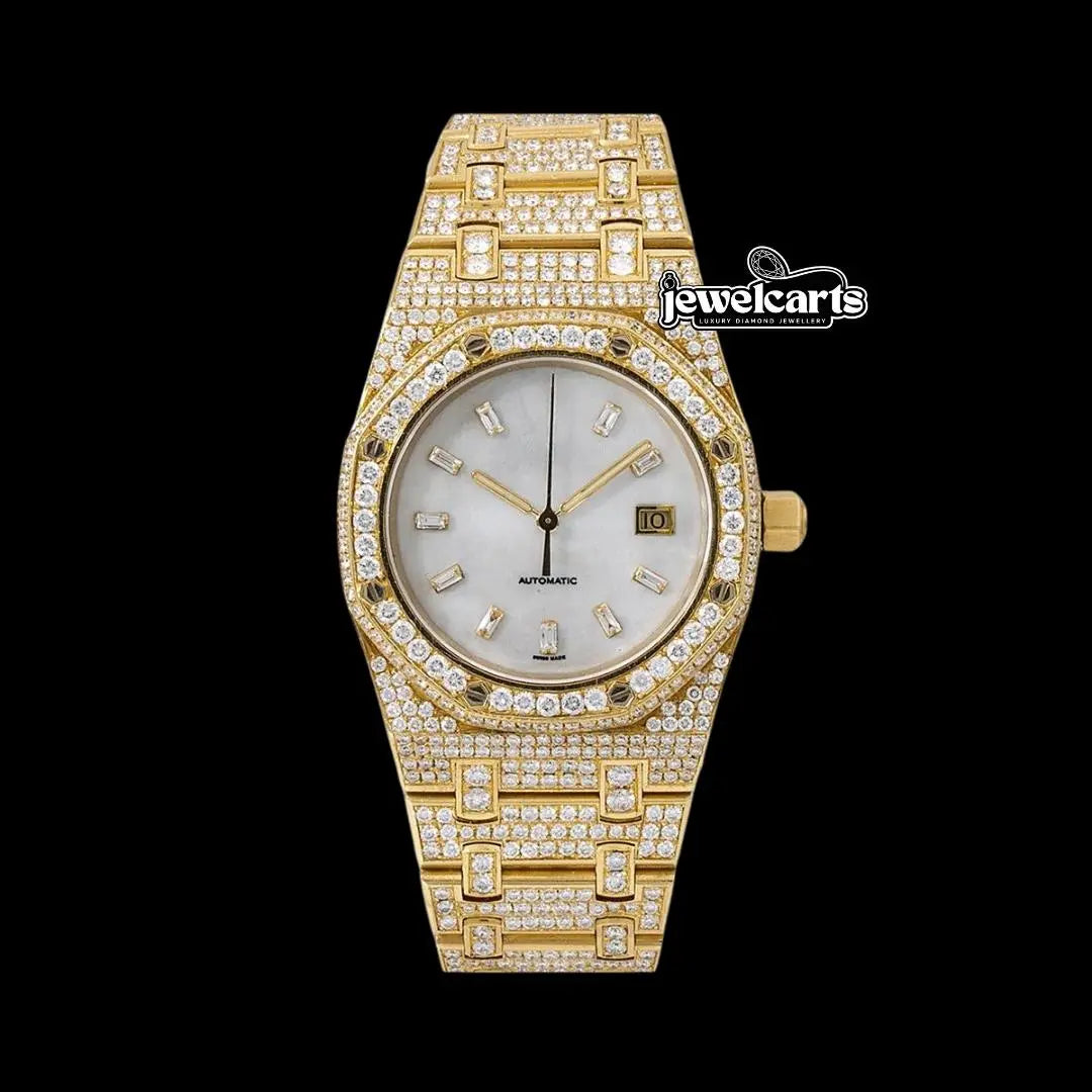 AP Royal Oak Mother of Pearl Dial Diamond Markers Fully Iced Out Rose Gold Moissanite Watch Front View