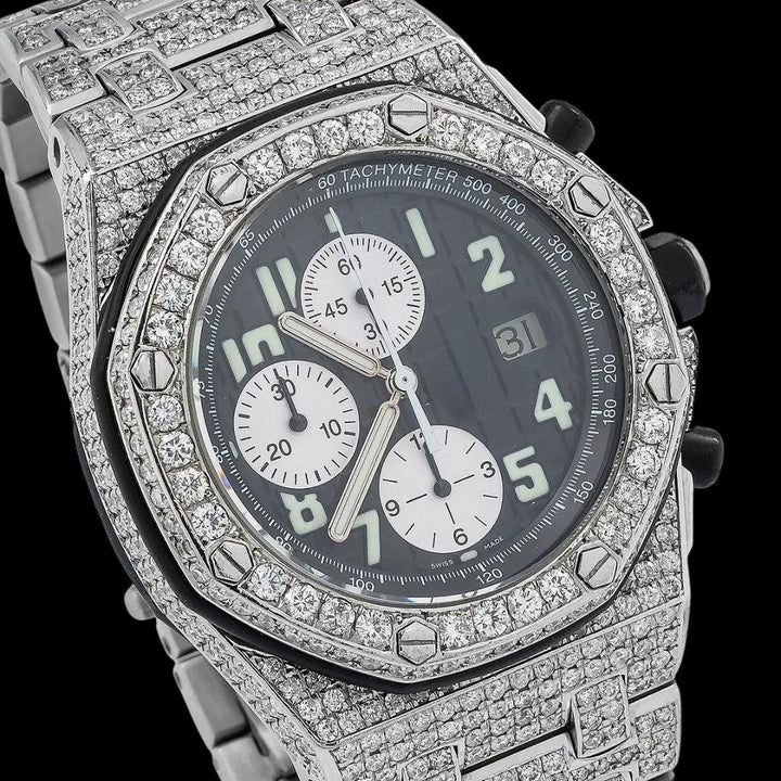 AP Royal Oak Offshore Black Dial White Chronograph Fully Iced Out Moissanite Watch Close Up Dial View