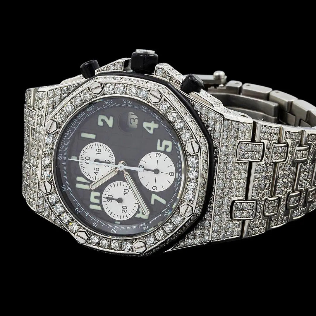 AP Royal Oak Offshore Black Dial White Chronograph Fully Iced Out Moissanite Watch Close Up Front View