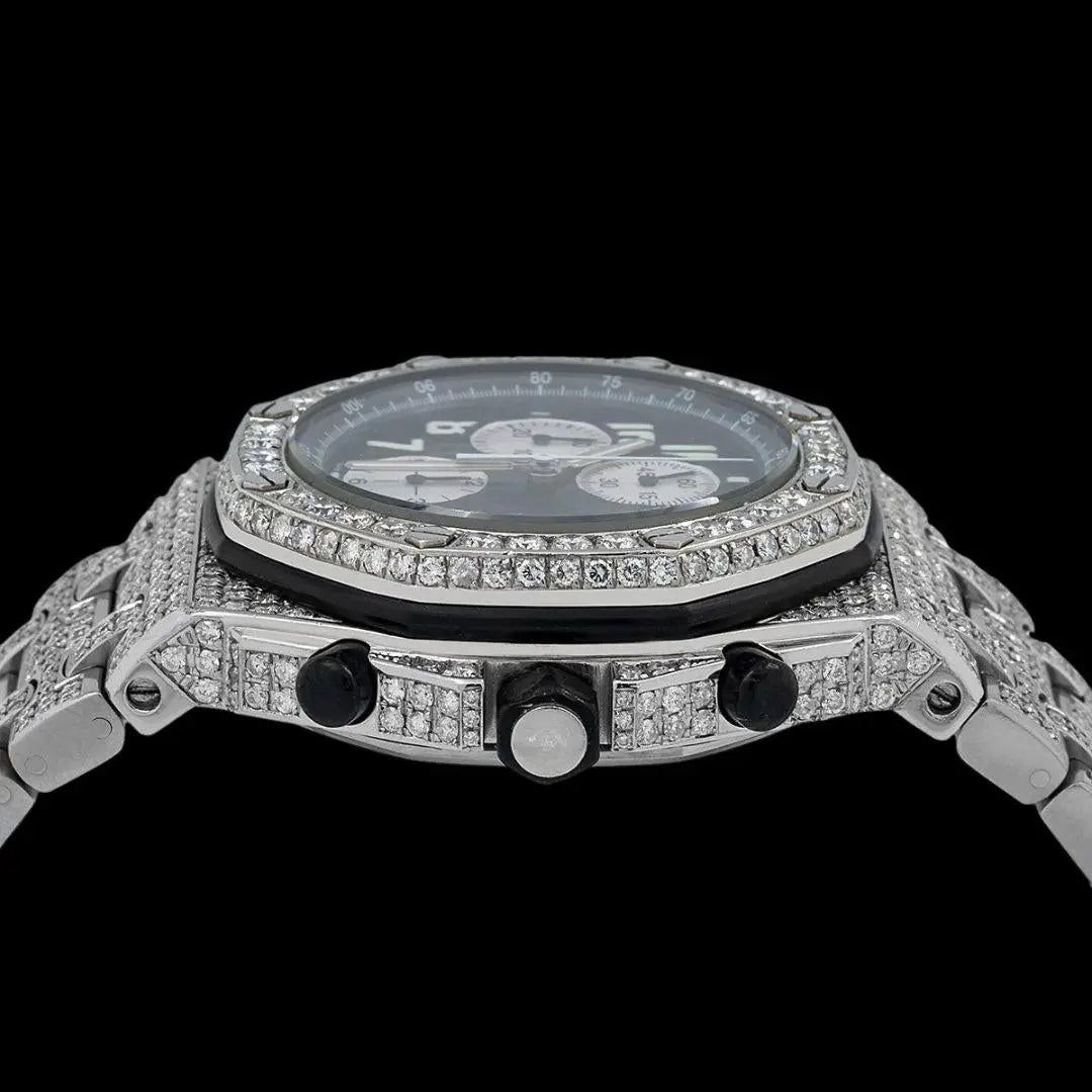 AP Royal Oak Offshore Black Dial White Chronograph Fully Iced Out Moissanite Watch Crown View