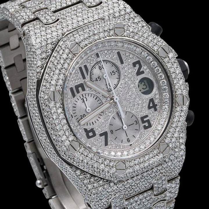 AP Royal Oak Offshore Black Standard Numerals Chronograph Dial Fully Iced Out Moissanite Watch Close Up Dial View