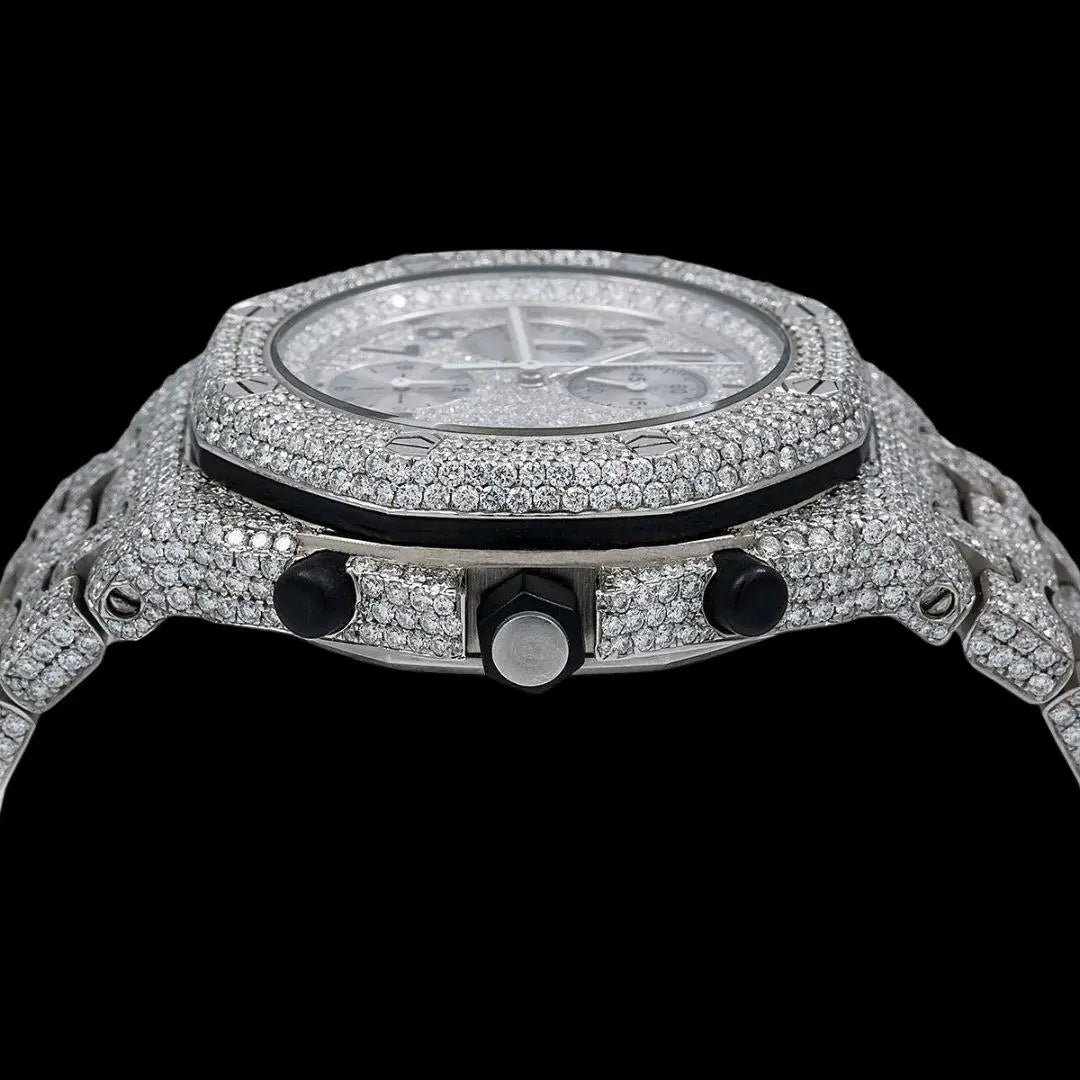 AP Royal Oak Offshore Black Standard Numerals Chronograph Dial Fully Iced Out Moissanite Watch Crown View