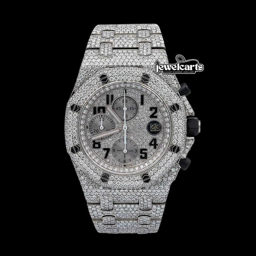 AP Royal Oak Offshore Black Standard Numerals Chronograph Dial Fully Iced Out Moissanite Watch Front View