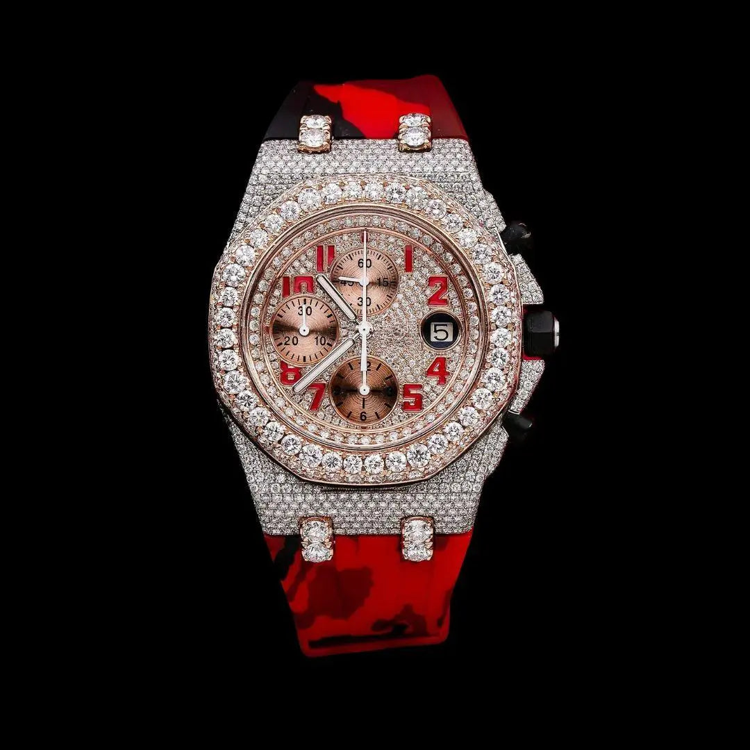 AP Royal Oak Offshore Chronograph Dial Red Standard Numerals Red Camo Rubber Strap Semi Iced Out Watch Close Up Front View